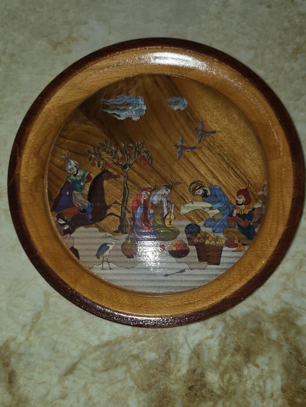 Hand-Painted Persian Wooden Wall Plate in Brown with Folk Scene